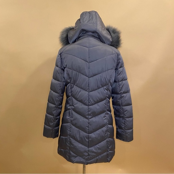🛍️ Kenneth Cole New York Gray Chevron Puffer Long Winter Coat Jacket Fur Trim S - Picture 8 of 12